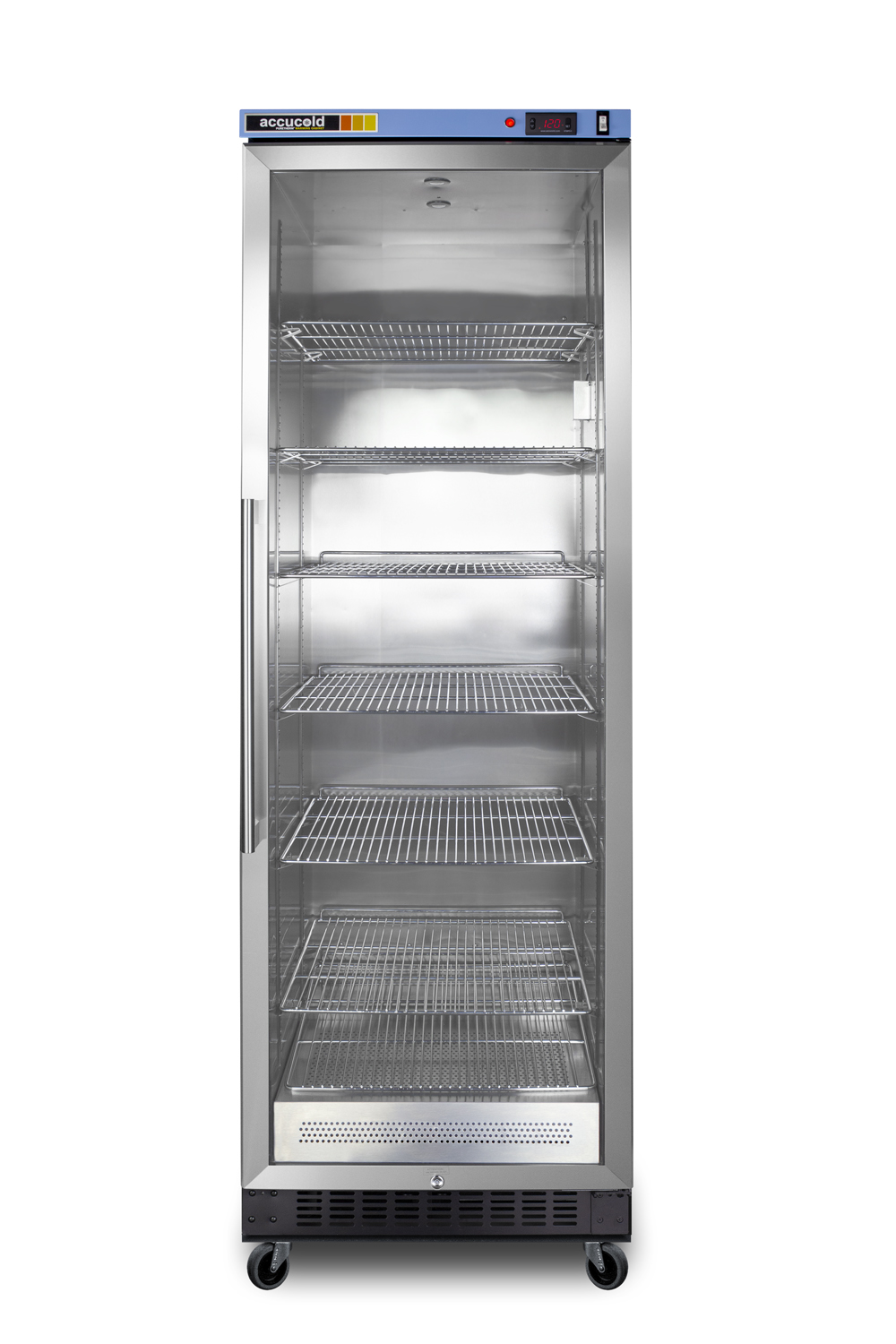 Single chamber passive heating blanket warmer with a self-closing glass door, stainless steel interior, digital thermostat, stainless steel cabinet, and lock